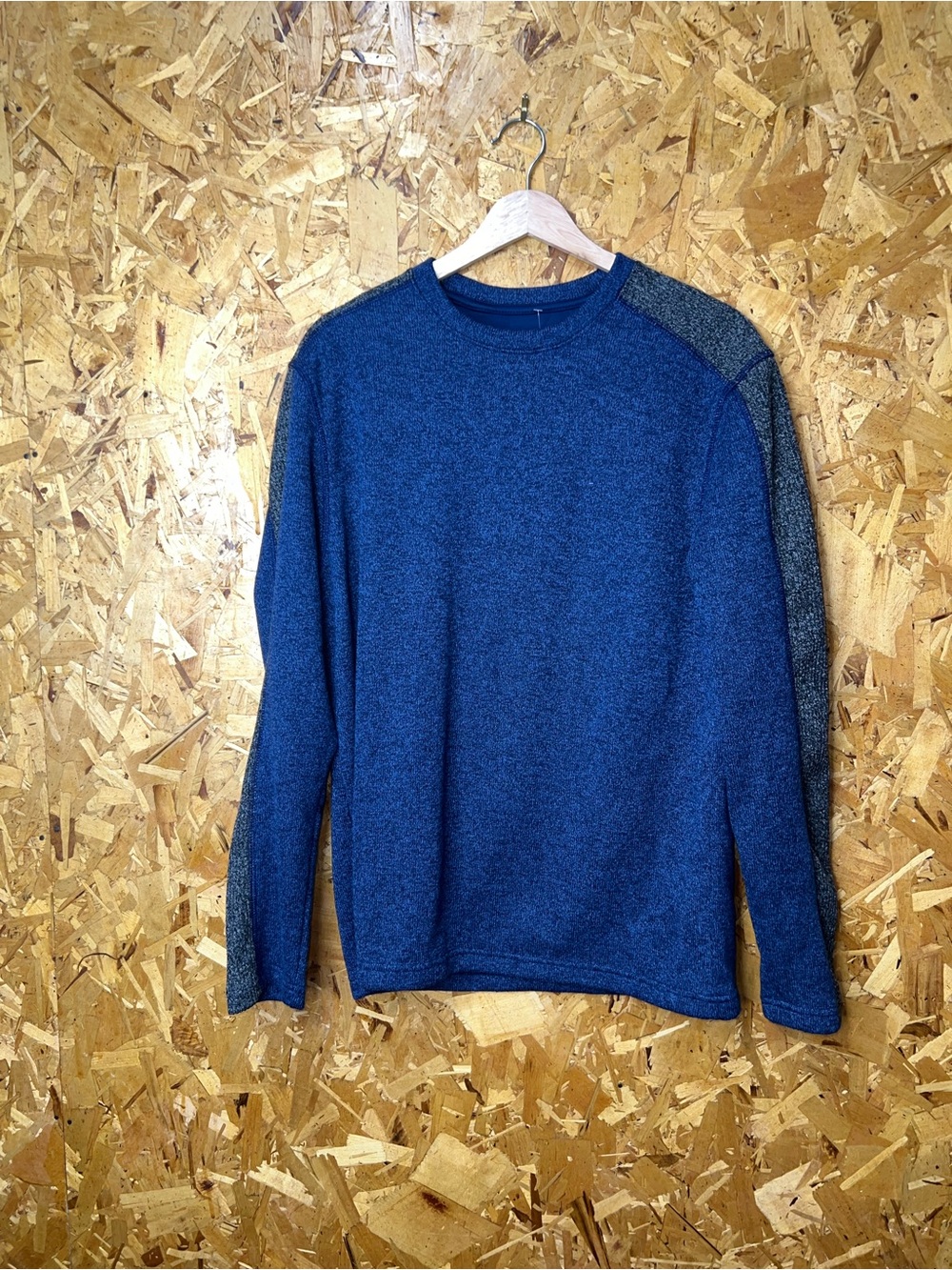 Blue Crewneck Sweater with Heathered Gray Shoulder